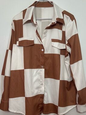 Brown and Cream Checkerboard Button-Up Shirt